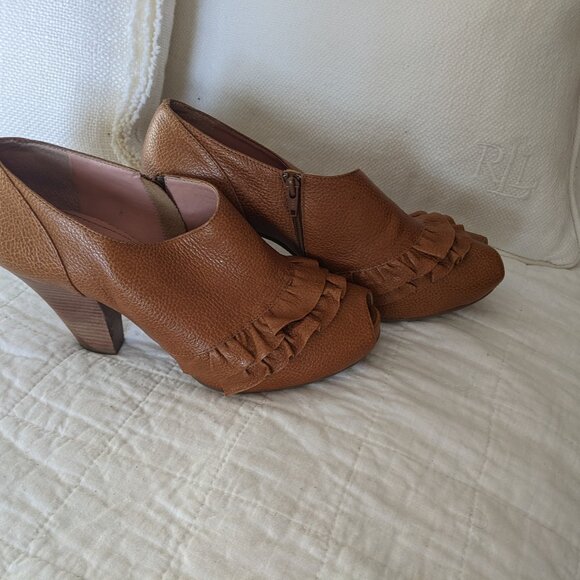 Miss Albright from Anthropologie Caramel Textured Leather Ruffle Peep Toe Heels - Picture 4 of 4